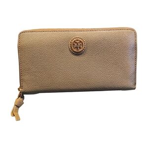 TORY BURCH Continental Full Zip Robinson Leather Wallet Olive Beige